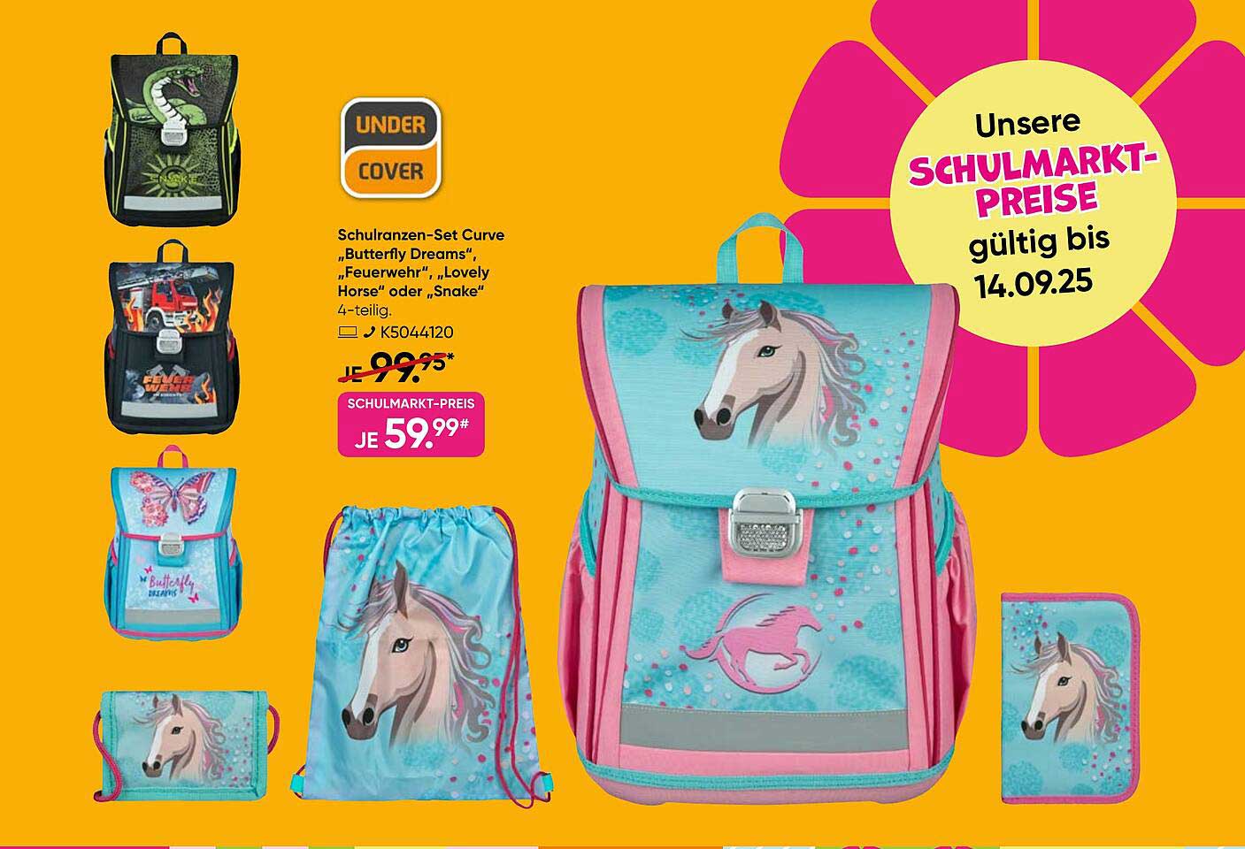 Schulranzen-Set Curve „Butterfly Dreams“, „Feuerwehr“, „Lovely Horse“ oder „Snake“ 4-teilig