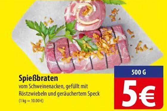 Spießbraten vom Schweinenacken, gefüllt mit Röstzwiebeln und geräuchertem Speck