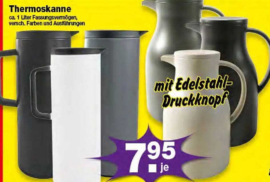 Thermoskanne ca. 1 Liter Fassungsvermögen, verschiedene Farben und Ausführungen