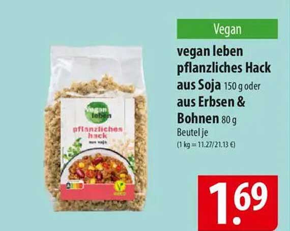 vegan leben pflanzliches Hack aus Soja 150 g oder aus Erbsen & Bohnen 80 g