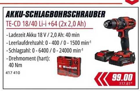 AKKU-SCHLAGBOHRSCHRAUBER TE-CD 18/40 Li-i +64 (2x 2,0 Ah)
