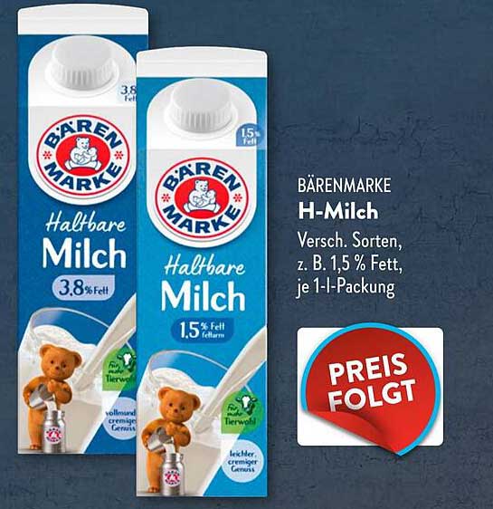 BÄRENMARKE H-Milch 1,5 % Fett, 1 l-Packung