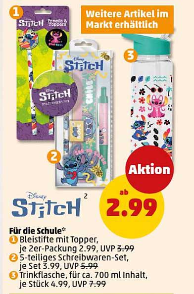 Disney Stitch Schulbedarf: Bleistifte, Schreibwaren-Set und Trinkflasche