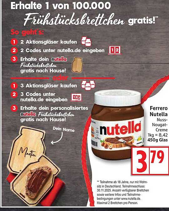 Ferrero Nutella Nuss-Nougat-Creme 450g für nur 3,79€
