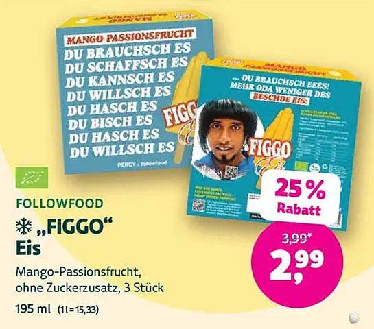 FOLLOWFOOD „FIGGO“ Eis - Mango-Passionsfrucht, ohne Zuckerzusatz, 3 Stück