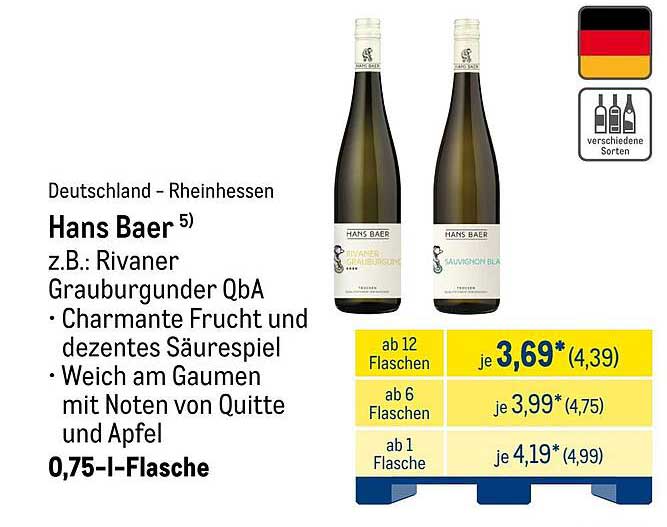 Hans Baer Weißwein 0,75 l - z.B. Rivaner Grauburgunder QbA
