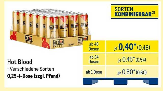 Hot Blood Energydrink - Verschiedene Sorten, 0,25-l-Dose (zzgl. Pfand)