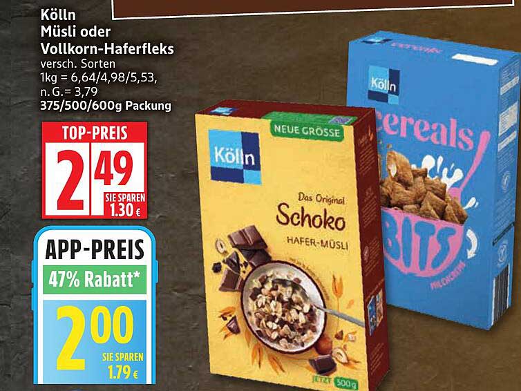 Kölln Müsli oder Vollkorn-Haferfleks verschiedene Sorten