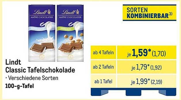 Lindt Classic Tafelschokolade – Verschiedene Sorten 100-g-Tafel