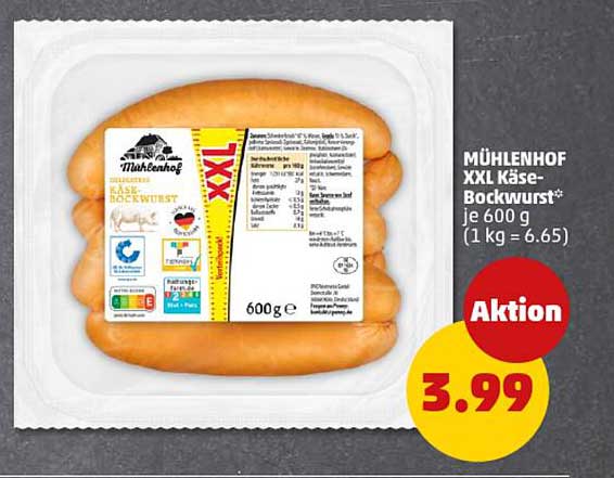 MÜHLENHOF XXL Käse-Bockwurst* je 600 g (1 kg = 6.65)