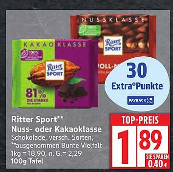 Ritter Sport Nuss- oder Kakaoklasse 100g Tafel
