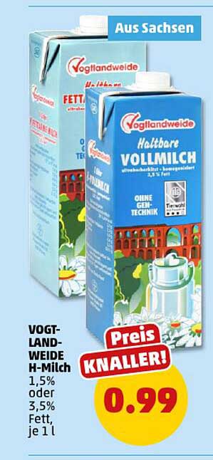 Vogtlandweide H-Milch 1,5% oder 3,5% Fett, 1 Liter
