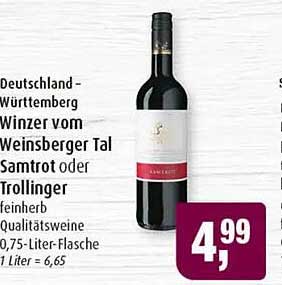 Deutschland-Württemberg Winzer vom Weinsberger Tal Samtrot oder Trollinger feinherb Qualitätsweine 0,75-Liter-Flasche