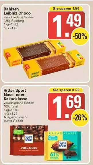 Bahlsen Leibniz Choco und Ritter Sport Nus- oder Kakaoklasse