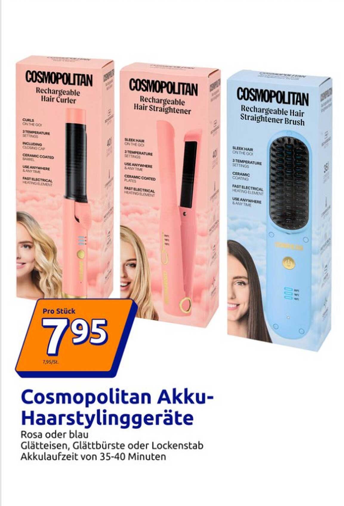 Cosmopolitan Akku-Haarstylinggeräte in Rosa oder Blau