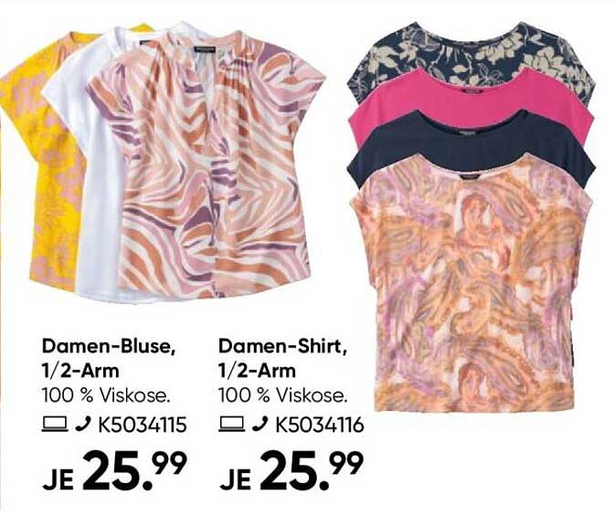 Damen-Bluse, 1/2-Arm und Damen-Shirt, 1/2-Arm - jeweils 100 % Viskose