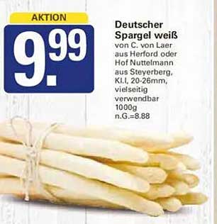 Deutscher Spargel weiß von C. von Laer aus Herford oder Hof Nuttelmann aus Steyerberg, K.L., 20-26mm, vielseitig verwendbar, 1000g