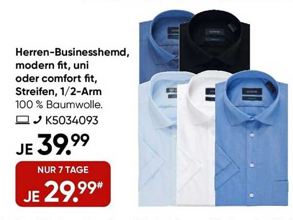 Herren-Businesshemd, modern fit, uni oder comfort fit, Streifen, 1/2-Arm, 100 % Baumwolle.