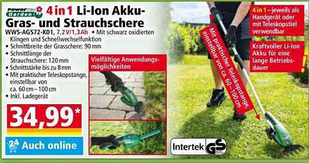 4 in 1 Li-Ion Akku-Gras- und Strauchschere