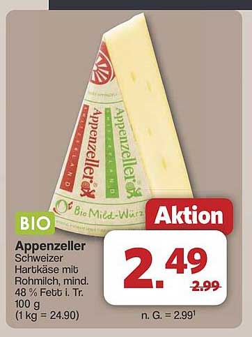 Appenzeller Schweizer Hartkäse mit Rohmilch, mind. 48 % Fett i. Tr.