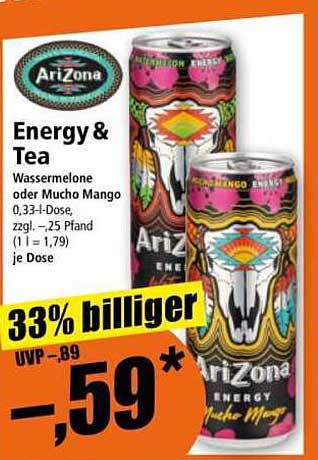 AriZona Energy & Tea – Wassermelone oder Mucho Mango 0,33 l Dose