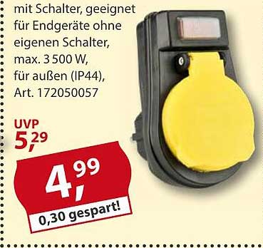 Außensteckdose mit Schalter, geeignet für Endgeräte ohne eigenen Schalter, max. 3.500 W, für außen (IP44)