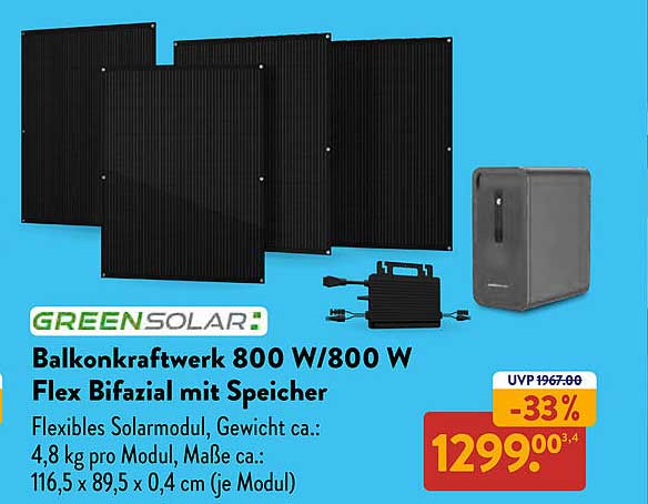 Balkonkraftwerk 800 W/800 W Flex Bifazial mit Speicher