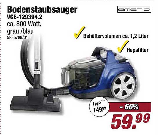 Bodenstaubsauger VCE-129394.2 - ca. 800 Watt, grau/blau