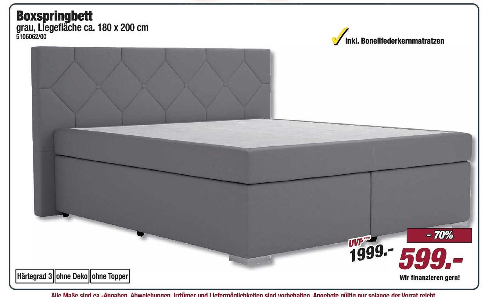 Boxspringbett grau, Liegefläche ca. 180 x 200 cm