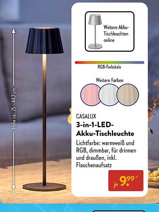 CASALUX 3-in-1-LED-Akku-Tischleuchte