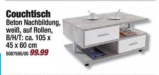 Couchtisch Beton Nachbildung, weiß, auf Rollen, B/H/T: ca. 105 x 45 x 60 cm