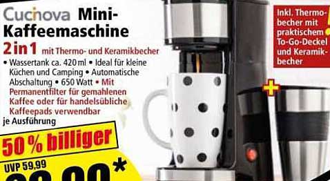 Cucina Mini-Kaffeemaschine 2 in 1 mit Thermo- und Keramikbecher