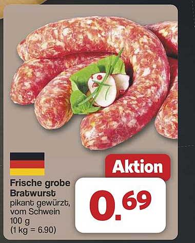 Frische große Bratwurst, pikant gewürzt, vom Schwein