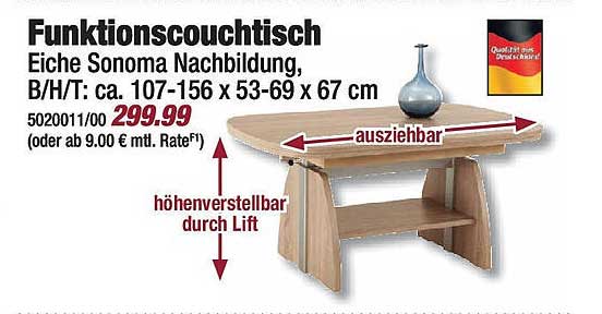 Funktionstisch Eiche Sonoma Nachbildung, höhenverstellbar und ausziehbar