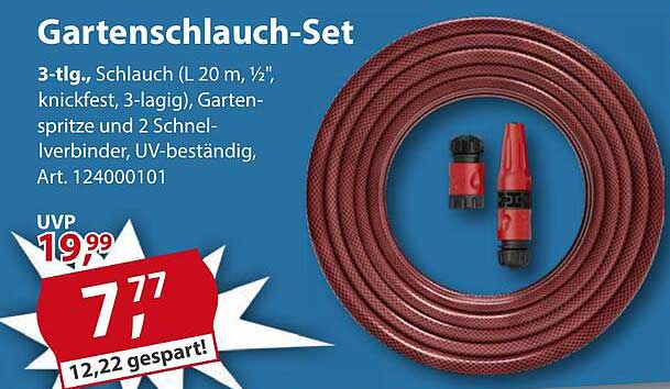 Gartenschlauch-Set 3-tlg., Schlauch (L 20 m, ½", knickfest, 3-lagig), Gießkanne und 2 Schnellverbinder, UV-beständig
