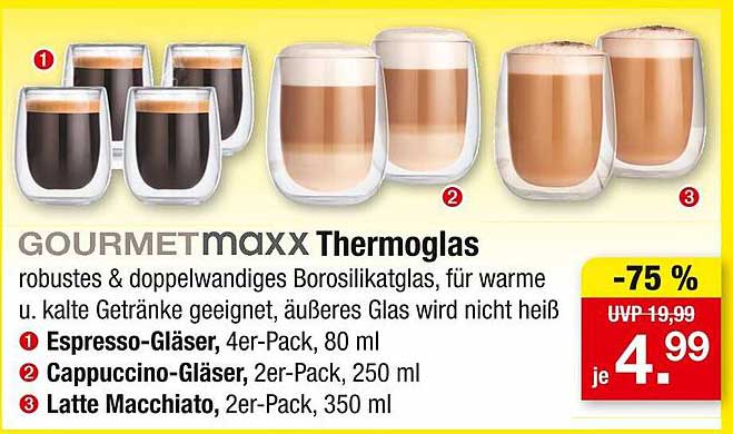 GOURMETmaxx Thermoglas - 4er-Pack Espresso-Gläser, 2er-Pack Cappuccino-Gläser, 2er-Pack Latte Macchiato