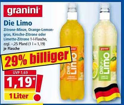 granini Die Limo – Zitrone-Minze, Orange-Lemongras, Kirsche-Zitrone oder Limette-Zitrone 1-l-Flasche
