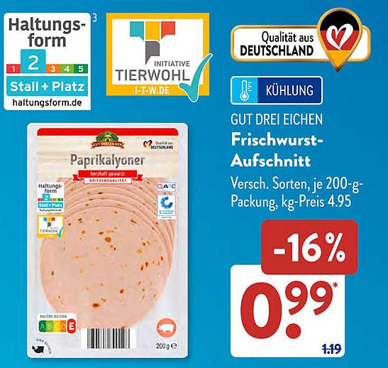 GUT DREI EICHEN Frischwurst-Aufschnitt Paprikalyoner 200 g