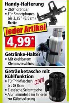 Handy-Halterung, Getränke-Halter und Getränketasche mit Kühlfunktion
