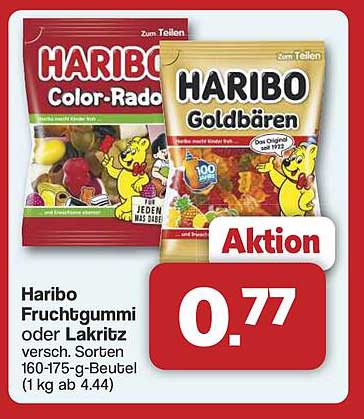 Haribo Fruchtgummi oder Lakritz – verschiedene Sorten 160-175 g für nur 0,77 €