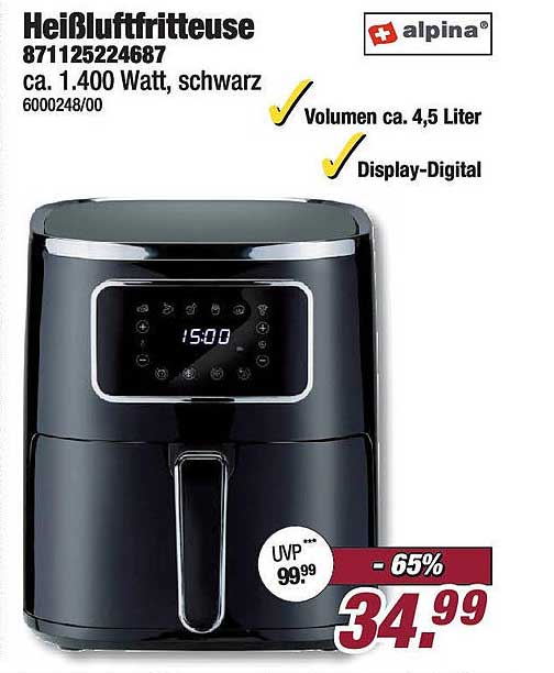 Heißluftfritteuse Alpina 871125224687 - 1.400 Watt, schwarz