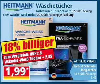 HEITMANN Wäsche- und Farbtücher 6-Stück-Packung Ultra-Schwarz oder 20-Stück-Packung Wäsche-Weiß