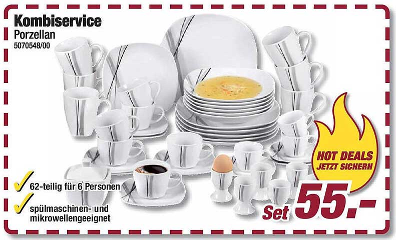 Kombiservice Porzellan 62-teilig für 6 Personen