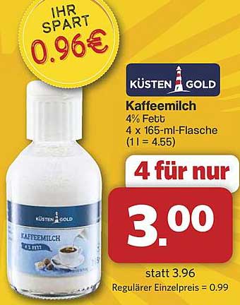 Küsten Gold Kaffeemilch 4% Fett - 4 x 165-ml-Flasche