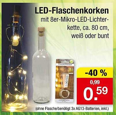 LED-Flaschenkorken mit 8er-Mikro-LED-Lichterkette, ca. 80 cm, weiß oder bunt