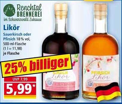 Likör Sauerkirsche oder Pfirsich 18% vol, 500-ml-Flasche