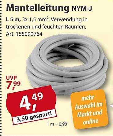 Mantelleitung NYM-J 5 m, 3x1,5 mm²