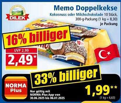 Memo Doppelkekse - Kokosnuss oder Milchschokolade 10 Stück, 300-g-Packung