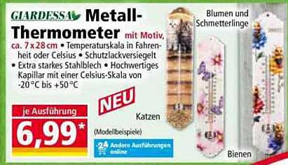 Metall-Thermometer mit Motiv, ca. 7 x 28 cm