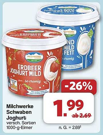 Milchwerke Schwaben Joghurt - Erdbeer mild oder mild fett, 1000 g